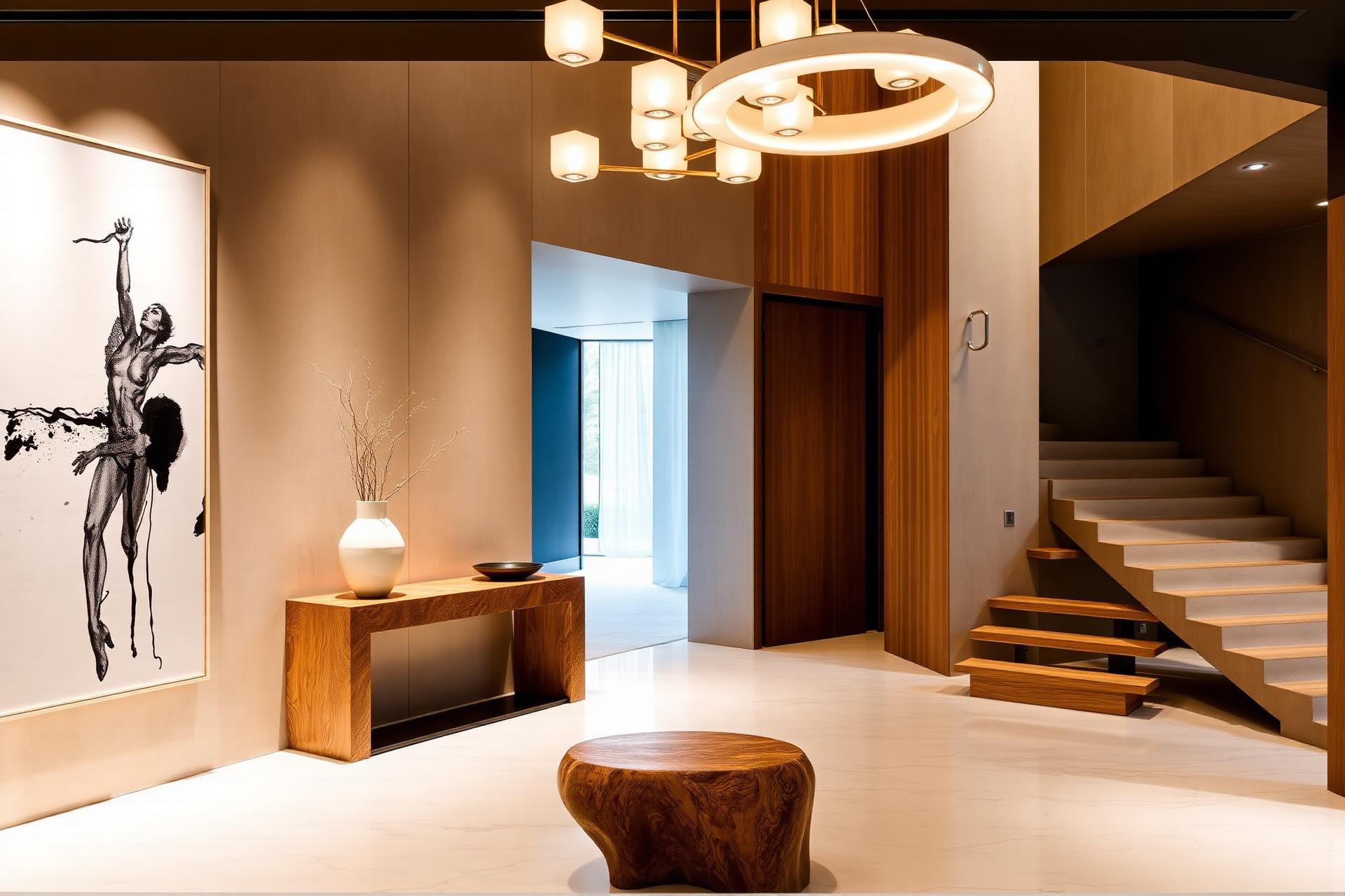 Dormitorio principal con panelado de nogal y luz cálida